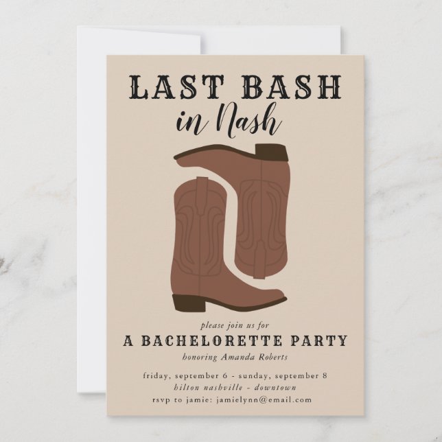 Last Bash in Nash Bachelorette Boots Invitation (Front)