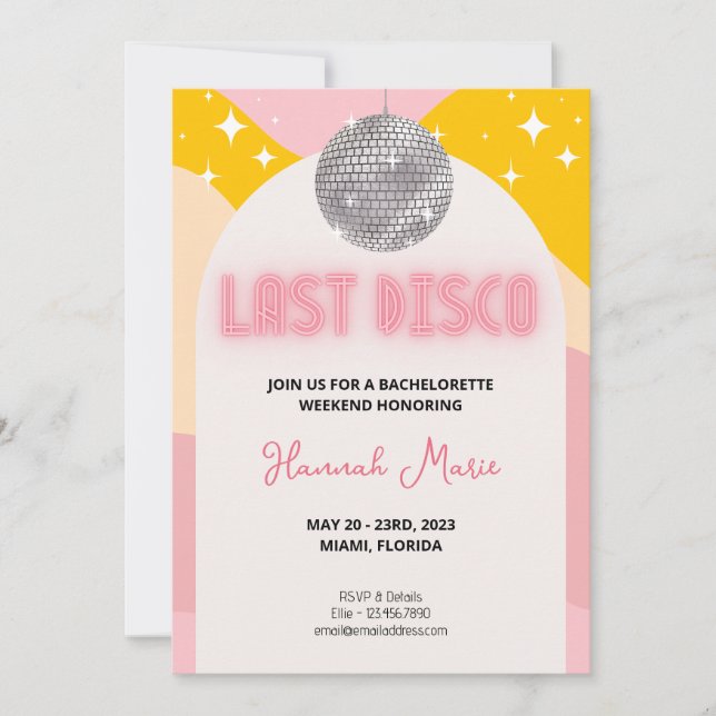 Last Disco Bachelorette Invitation  (Front)