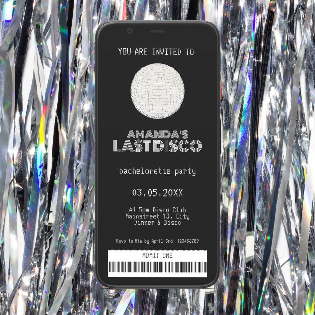 Last Disco Bachelorette Silver Ticket Invitation (last disco silver bachelorette party invitation ticket)