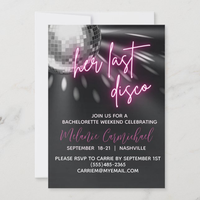 Last Disco Bachelorette Weekend Itinerary Invitation (Front)