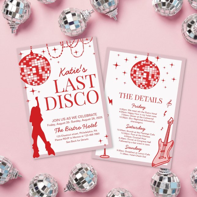 Last Disco Bachelorette Weekend Itinerary  Invitation (last disco pink groovy bachelorette weekend getaway party invitation and itinerary)