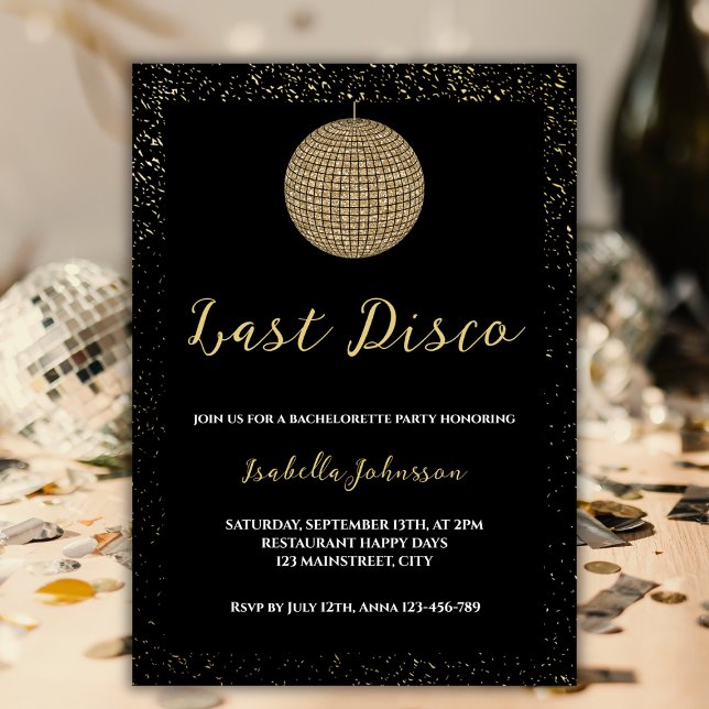 Last Disco Ball Golden Glitter Bachelorette Party Invitation (last disco bachelorette party invitation black golden glitter disco ball retro)