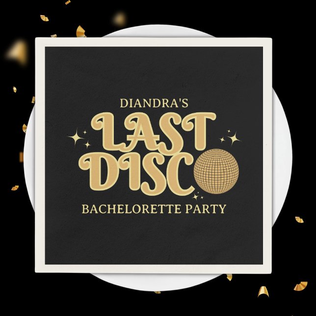 Last Disco Black and Gold Retro 70s Bachelorette  Napkin (Last disco golden retro bachelorette party napkins)