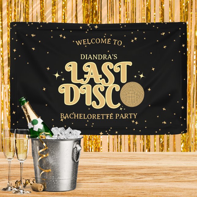 Last Disco Name Retro Gold 70s Bachelorette  Banner (Last disco golden retro bachelorette party welcome banner)