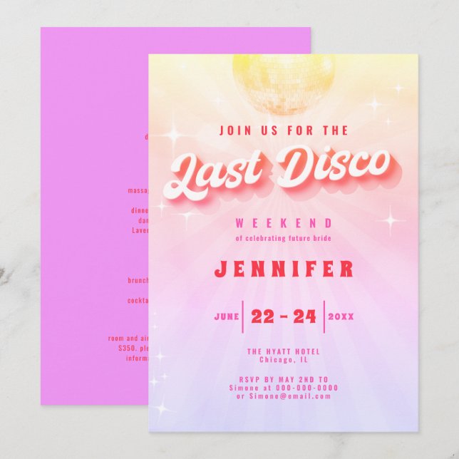 Last Disco Rainbow Retro Bachelorette Weekend Invitation (Front/Back)