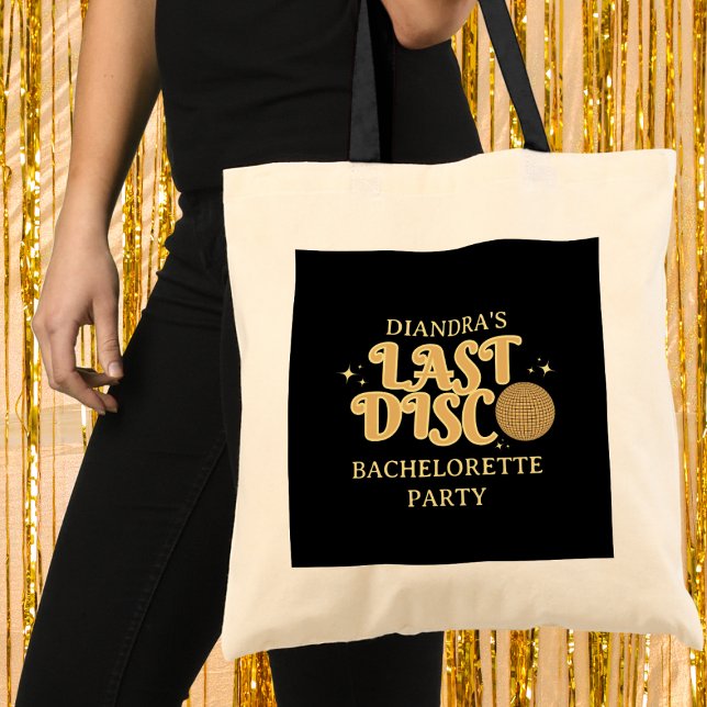Last Disco Retro Black and Gold 70s Bachelorette  Tote Bag (last disco 70s retro golden bachelorette party tote bag)