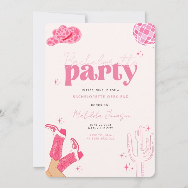 Last disco rodeo bachelorette party invitation (Front)
