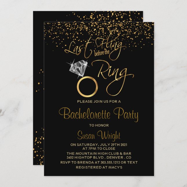 Last Fling Before the Ring Bachelorette - Gold Invitation (Front/Back)