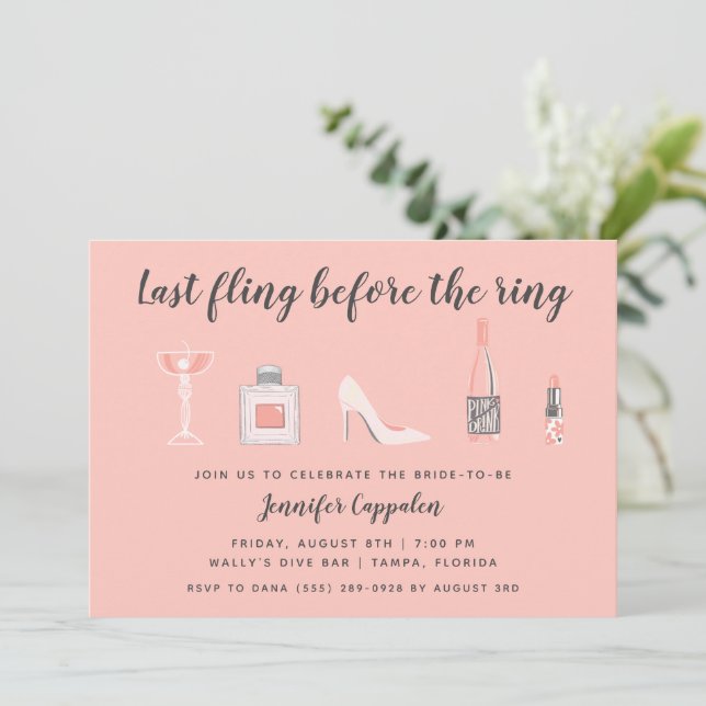 Last Fling Before the Ring Bachelorette Party Invitation (Standing Front)