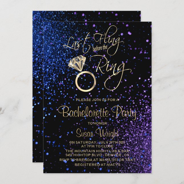 Last Fling Before the Ring  Blue-Purple Invitation (Front/Back)