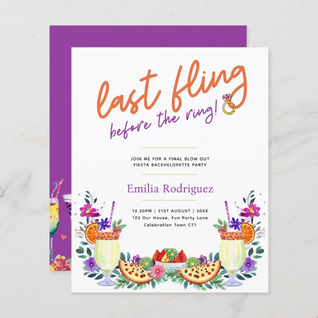 Last Fling Fiesta Cocktails Tacos Bachelorette (Front/Back)