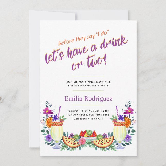 Last Fling Fiesta Cocktails Tacos Bachelorette Invitation (Front)