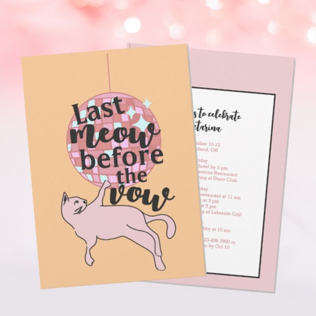 Last Meow Before The Vow Disco Cat Bachelorette Invitation (Creator Uploaded)