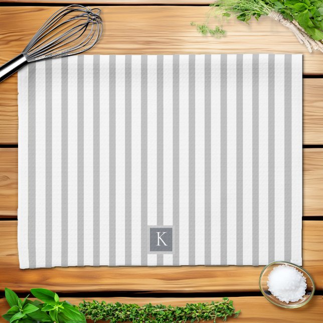 Last Name Grey White Striped Tea Towel (Last Name Gray White Striped Kitchen Towel)