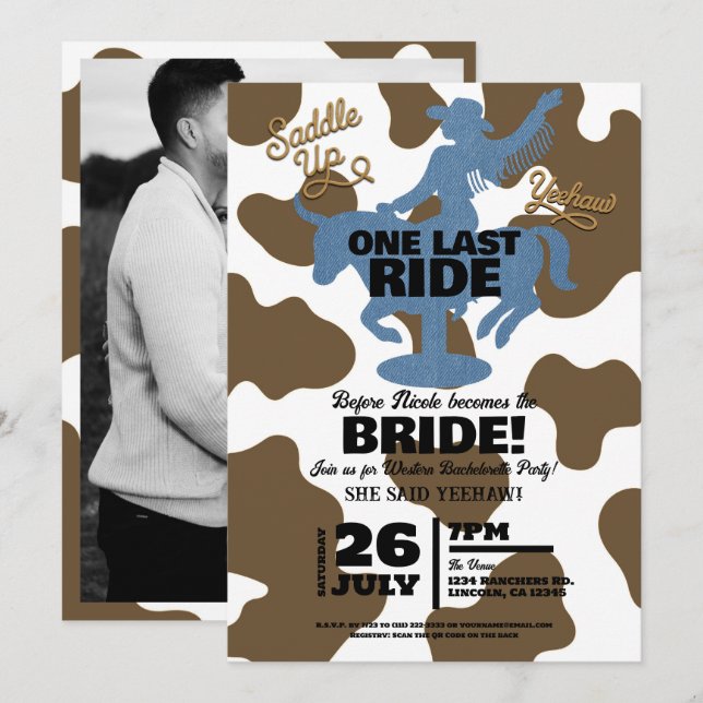 Last Ride Denim Cowgirl Western Bachelorette Party Invitation (Front/Back)