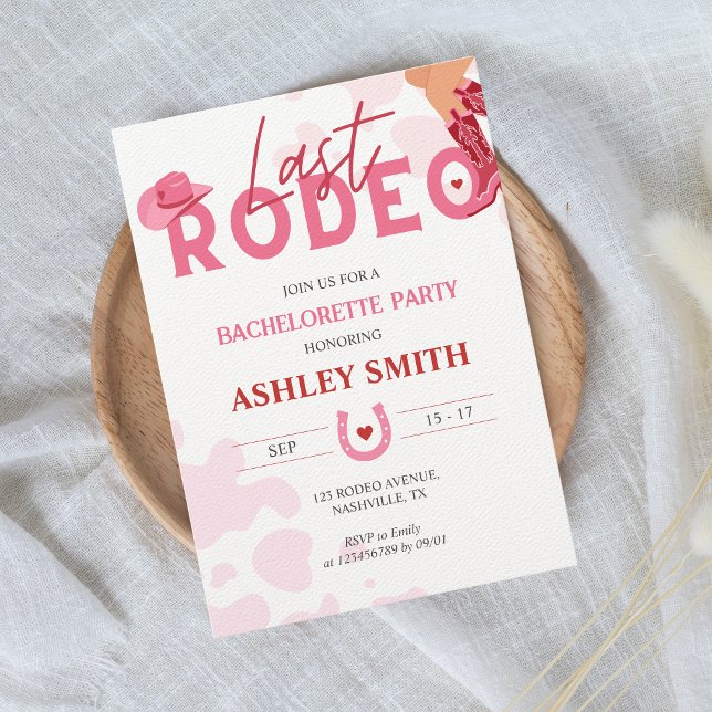 Last Rodeo Bachelorette Party Pink Cowgirl Invitation (Last Rodeo Pink Red Bachelorette Party Invitation)