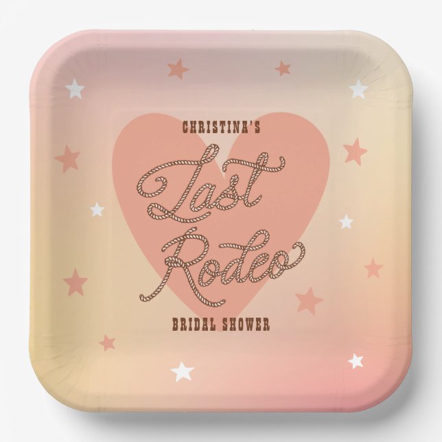 Last Rodeo Cowgirl Heart Cute Peach Bridal Shower Paper Plate (Front)