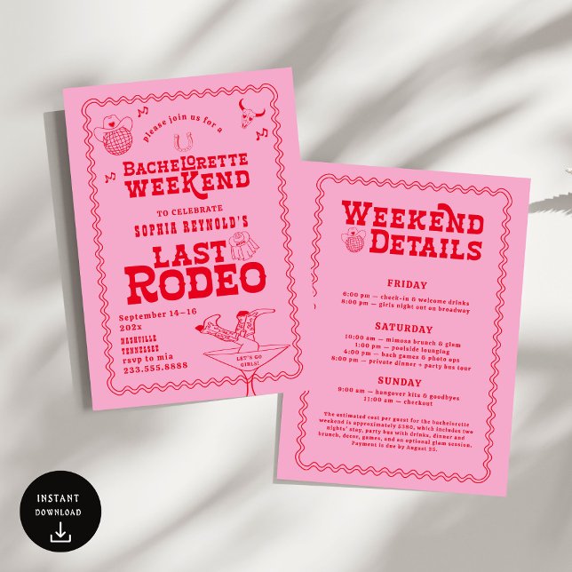 Last Rodeo Cowgirl Pink and Red Bachelorette Invitation (Creator Uploaded)