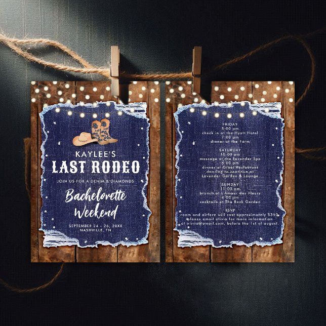 Last Rodeo Denim Diamonds Cowgirl Bachelorette Invitation (denim and diamonds bachelorette party invitation itinerary rustic wood blue white cowgirl hoedown)