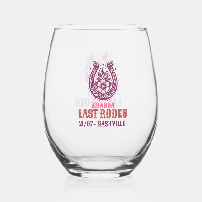 last rodeo pink and purple horseshoe floral stemless wine glass (Front)