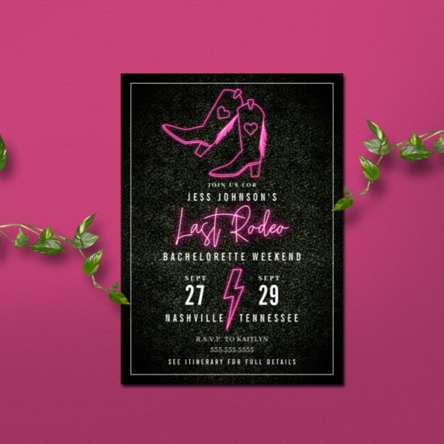 Last Rodeo Pink Neon Cowboy Boots Bachelorette  In Invitation (Creator Uploaded)
