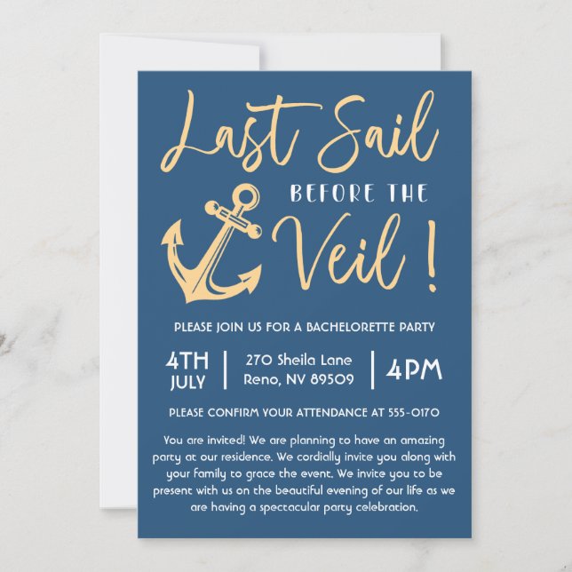 Last Sail Before The Veil Bachelorette Party Invitation (Front)