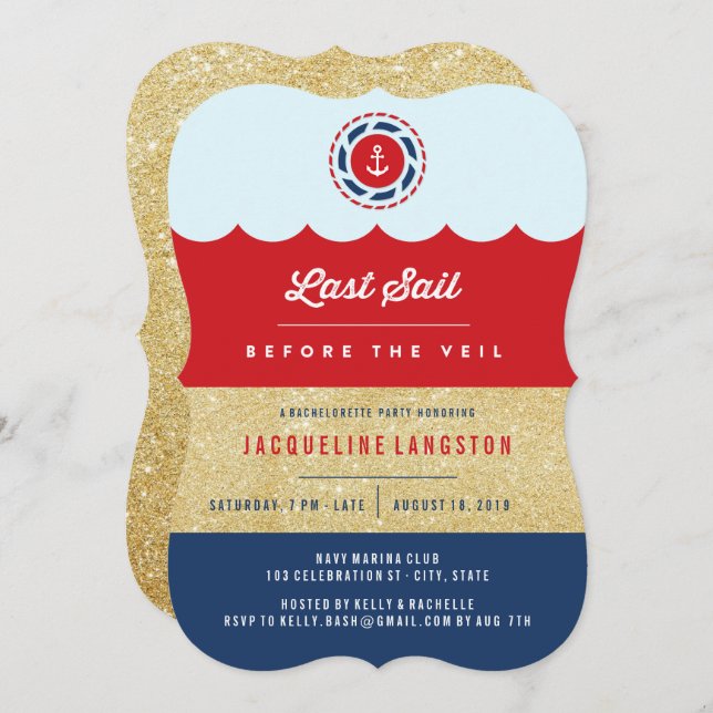 Last Sail Before The Veil Glam Bachelorette Party Invitation (Front/Back)