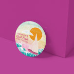 Last Sail Before the Veil Sailboat and Sunset 7.5 Cm Round Badge<br><div class="desc">Help make it a bachelorette party to remember with personalised party supplies. These pins or buttons are ready to be personalised with the bride's name and feature the cute slogan LAST SAIL BEFORE THE VEIL in pink lettering along with an illustration of a sailboat on the water against an orange...</div>