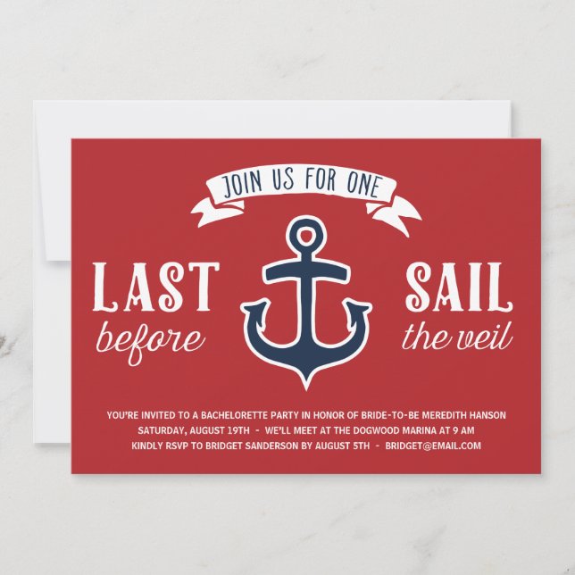 Last Sail | Nautical Bachelorette Party Invitation (Front)