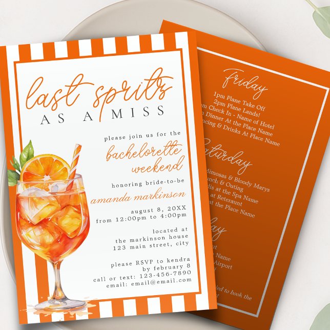 Last Spritz as a Miss Orange Aperol Bachelorette  Invitation (Creator Uploaded)