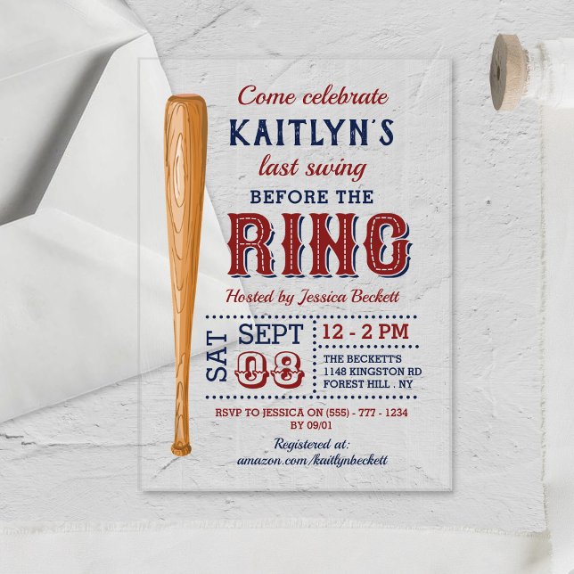 Last Swing Before The Ring! Baseball Bachelorette Acrylic Invitations (Creator Uploaded)
