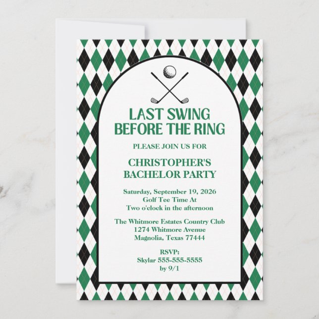 Last Swing Before The Ring Golf Bachelor Party Invitation (Front)