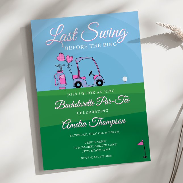  Last Swing Before the Ring! Golf Bachelorette Invitation (Last Swing Before the Ring! Pink and Green Golf-Themed Bachelorette Party Invitation)