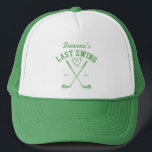 Last swing golf country club Bachelorette favours Trucker Hat<br><div class="desc">Last swing before the ring golf country club themed Bachelorette weekend bride bridesmaid favours and gifts personalised bachelorette sports hat,  bachelorette party sage green golf themed sports cap bridesmaid gifts bridal party favours</div>
