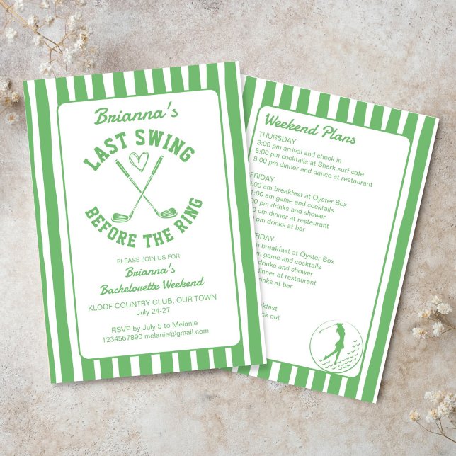 Last swing golf country club Bachelorette weekend Invitation (Last swing before the ring golf country club Bachelorette weekend party Invitation template green)