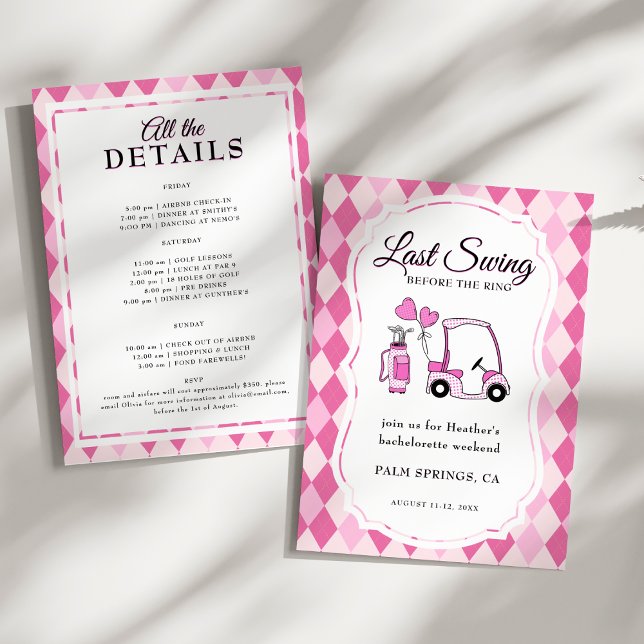Last Swing Pink Argyle Golf Bachelorette Invitation (Last Swing Before the Ring! Pink Argyle Golf-Themed Bachelorette Weekend Invitation)