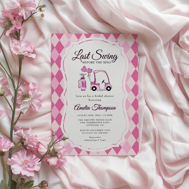 Last Swing Pink Argyle Golf Bridal Shower Invitation (Last Swing Before the Ring! Pink Argyle Golf-Themed Bridal Shower Invitation)