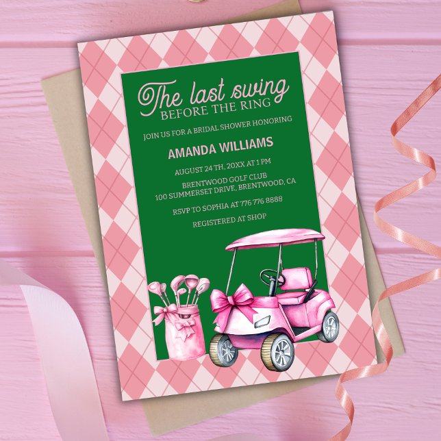 Last Swing Pink & Green Argyle Golf Bridal Shower  Invitation (Creator Uploaded)