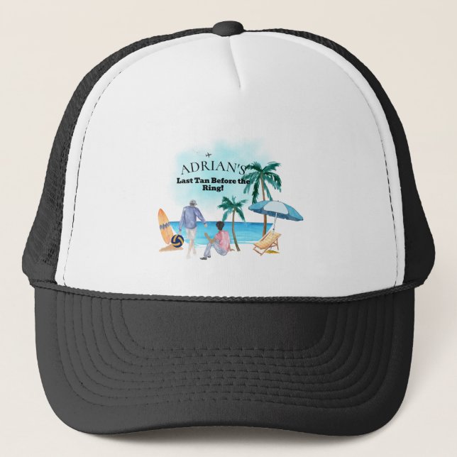 Last Tan Coast Beach Bachelorette Party Trucker Hat (Front)