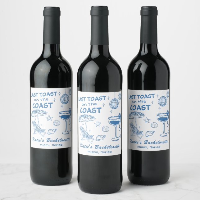 Last Toast Coast Beach Blue Bachelorette Party Wine Label (Bottles)