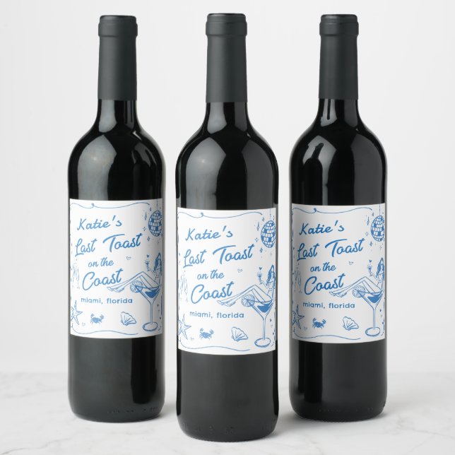 Last Toast Coast Beach Blue Bachelorette Party Wine Label (Bottles)