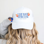 Last Toast on the Coast Aperol Spritz Bachelorette Trucker Hat<br><div class="desc">The "Last Toast on the Coast Aperol Spritz" is a vibrant bachelorette suite that captures the essence of coastal celebrations. The design prominently features two illustrated Aperol Spritz glasses clinking together, surrounded by slices of orange, adding a refreshing and festive touch. The collection uses a striking combination of bold blue...</div>