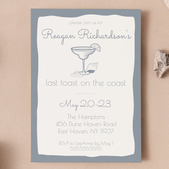 Last Toast on the Coast Bachelorette Beach Weekend Invitation ("last toast on the coast" bachelorette party invitation cute blue wavy beach design girls weekend)