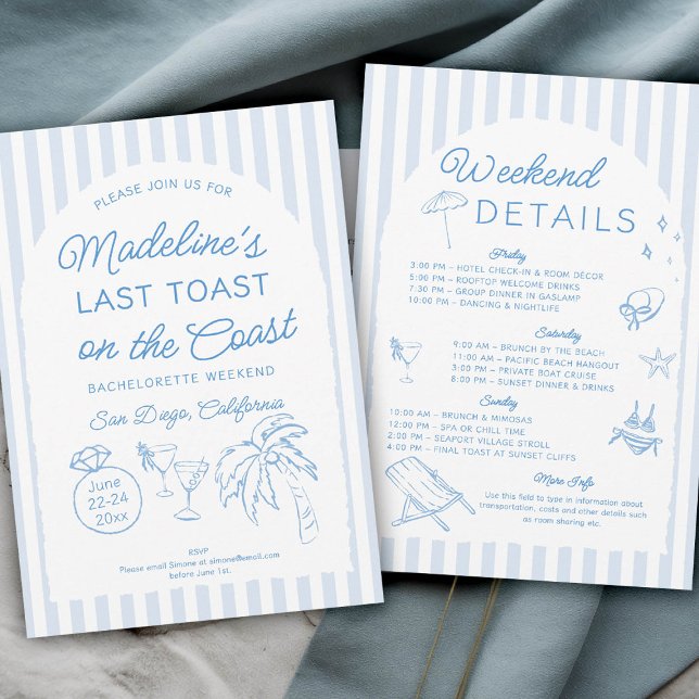Last Toast on the Coast Bachelorette Itinerary Invitation (last toast on the coast bachelorette party itinerary hand drawn script calligraphy arch blue stripes)