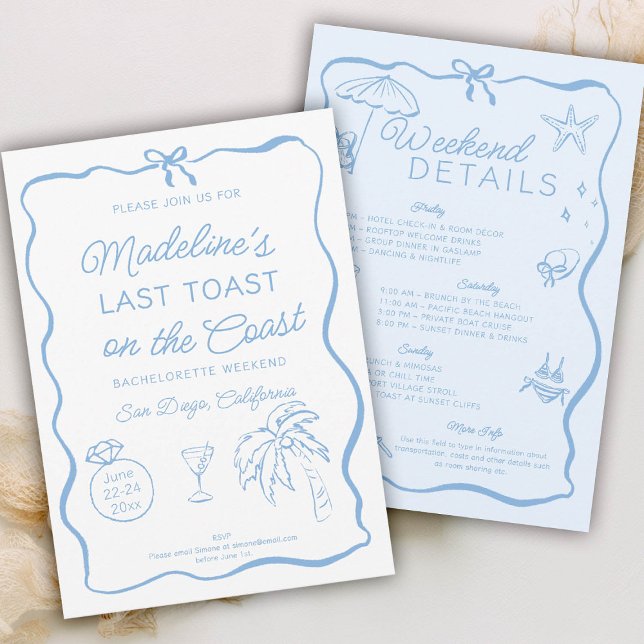 Last Toast On the Coast Blue Bachelorette Party Invitation (last toast on the coast bachelorette party invitation invite itinerary hand drawn written doodle bow)