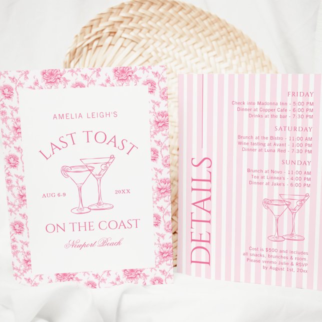 Last Toast On The Coast Pink Floral Bach Weekend Invitation (Creator Uploaded)