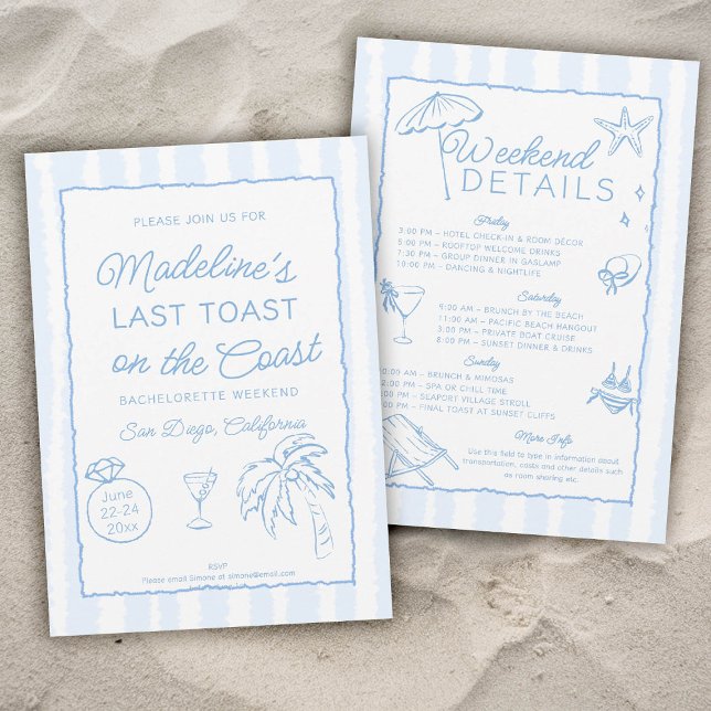 Last Toast on the Coast Stripes Bachelorette Party Invitation (last toast on the coast bachelorette party invitation invite itinerary hand drawn written stripes)