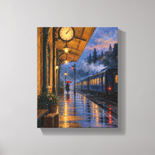 Last Train at the Ochre Station Rainy City Paint Canvas Print