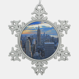 Late afternoon NYC Skyline as sunset approaches Snowflake Pewter Christmas Ornament
