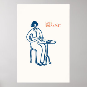 Late Breakfast Woman Coffee Cup Print Vintage Cafe